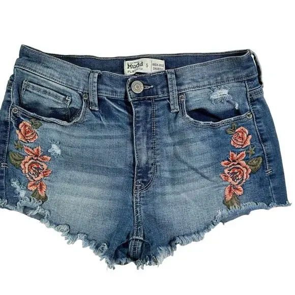 Mudd Jean Shorts 5 High Rise Shortie Floral Embroidered Frayed Raw Hem Stretch - Picture 3 of 13